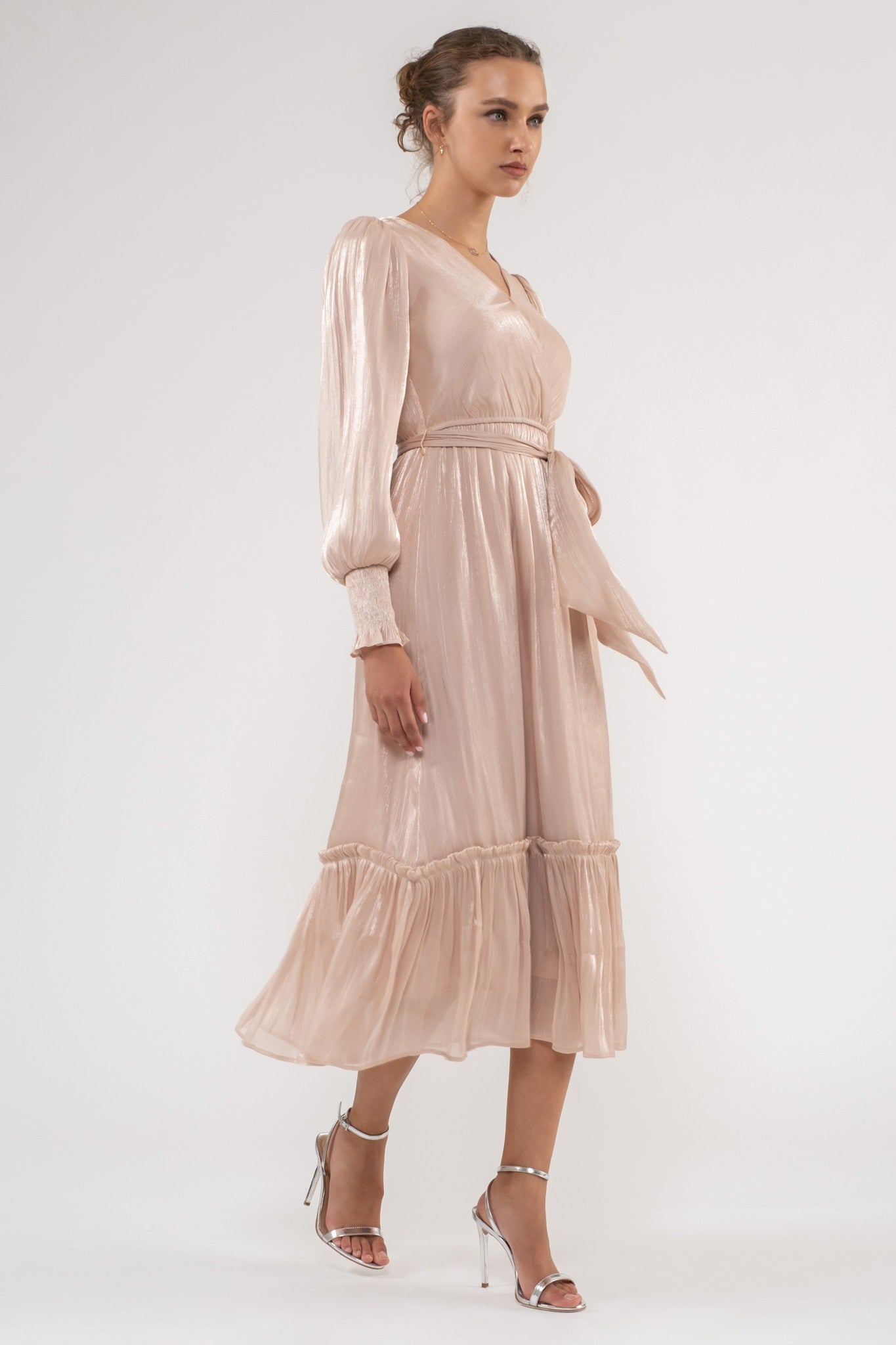 Champagne Surplice Belted Long Sleeve Midi Dress PinkBlush Champagne Surplice Belted Long Sleeve Midi Dress PinkBlush