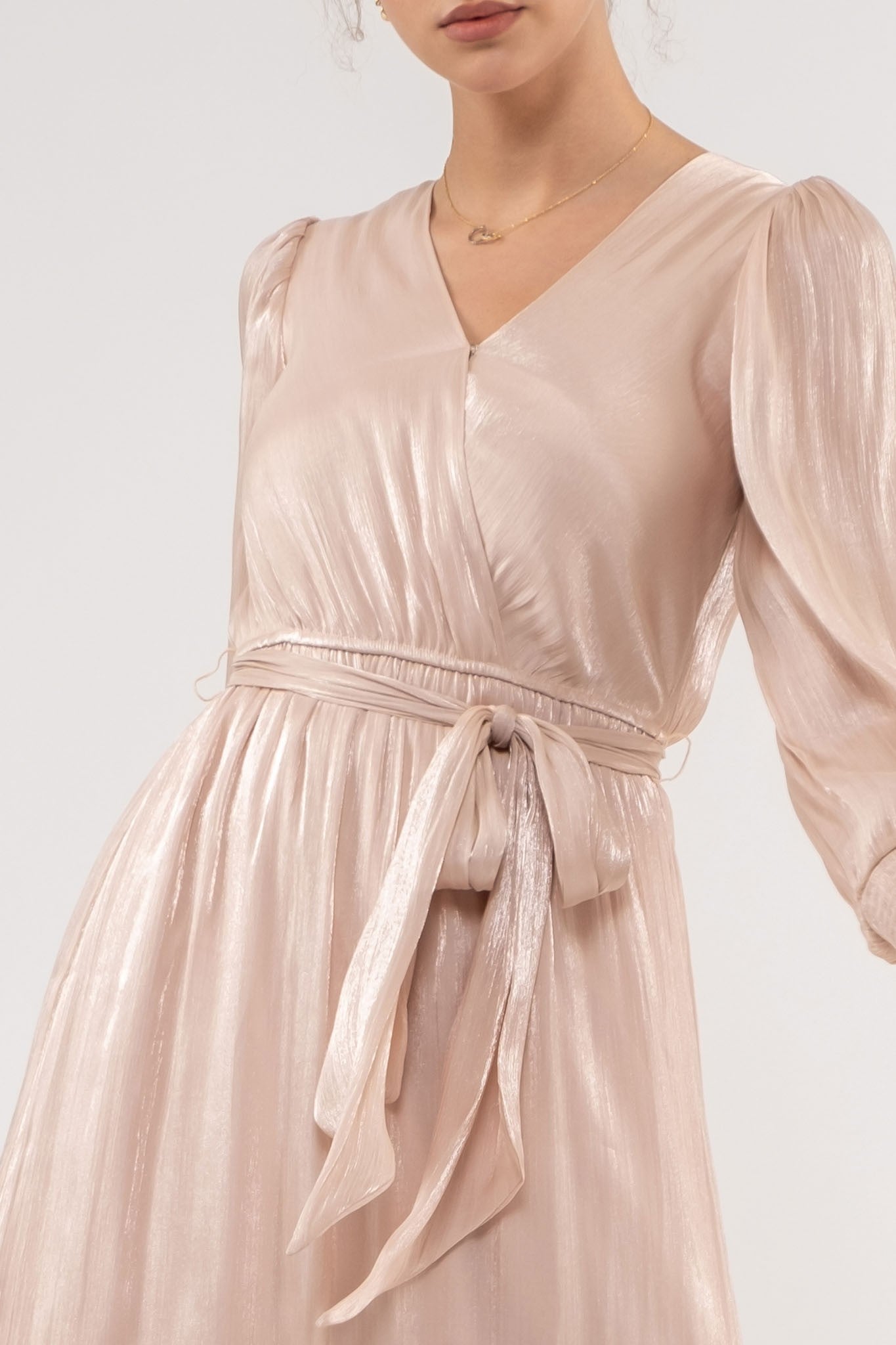 Champagne Surplice Belted Long Sleeve Midi Dress PinkBlush Champagne Surplice Belted Long Sleeve Midi Dress PinkBlush