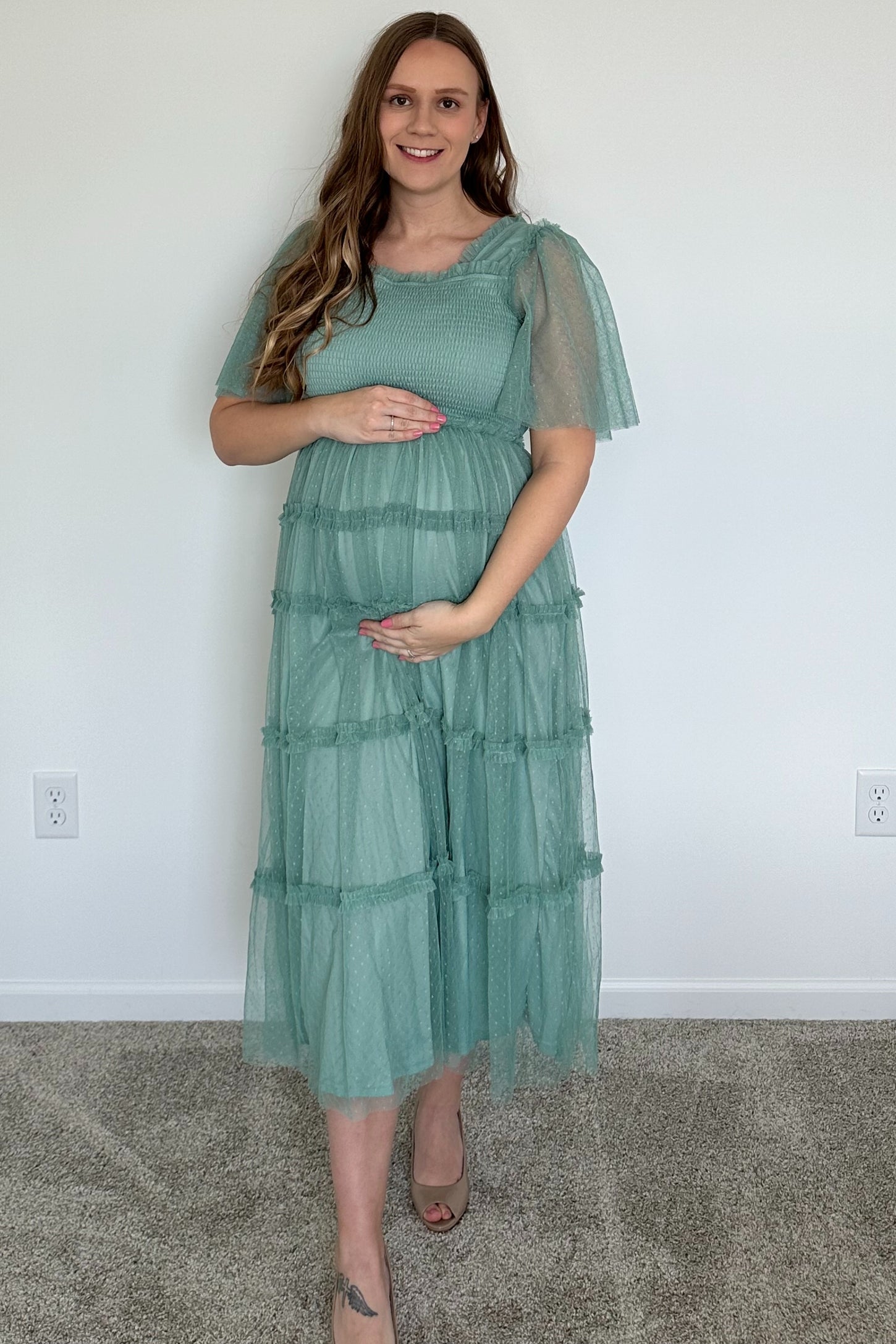 Jade Ruffled Mesh Maternity Maxi Dress PinkBlush Jade Ruffled Mesh Maternity Maxi Dress PinkBlush