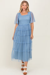Blue Ruffled Mesh Maternity Maxi Dress
