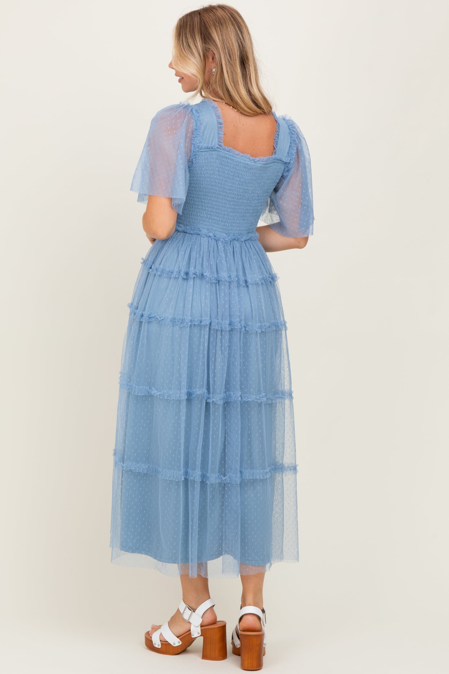 Blue Ruffled Mesh Maxi Dress