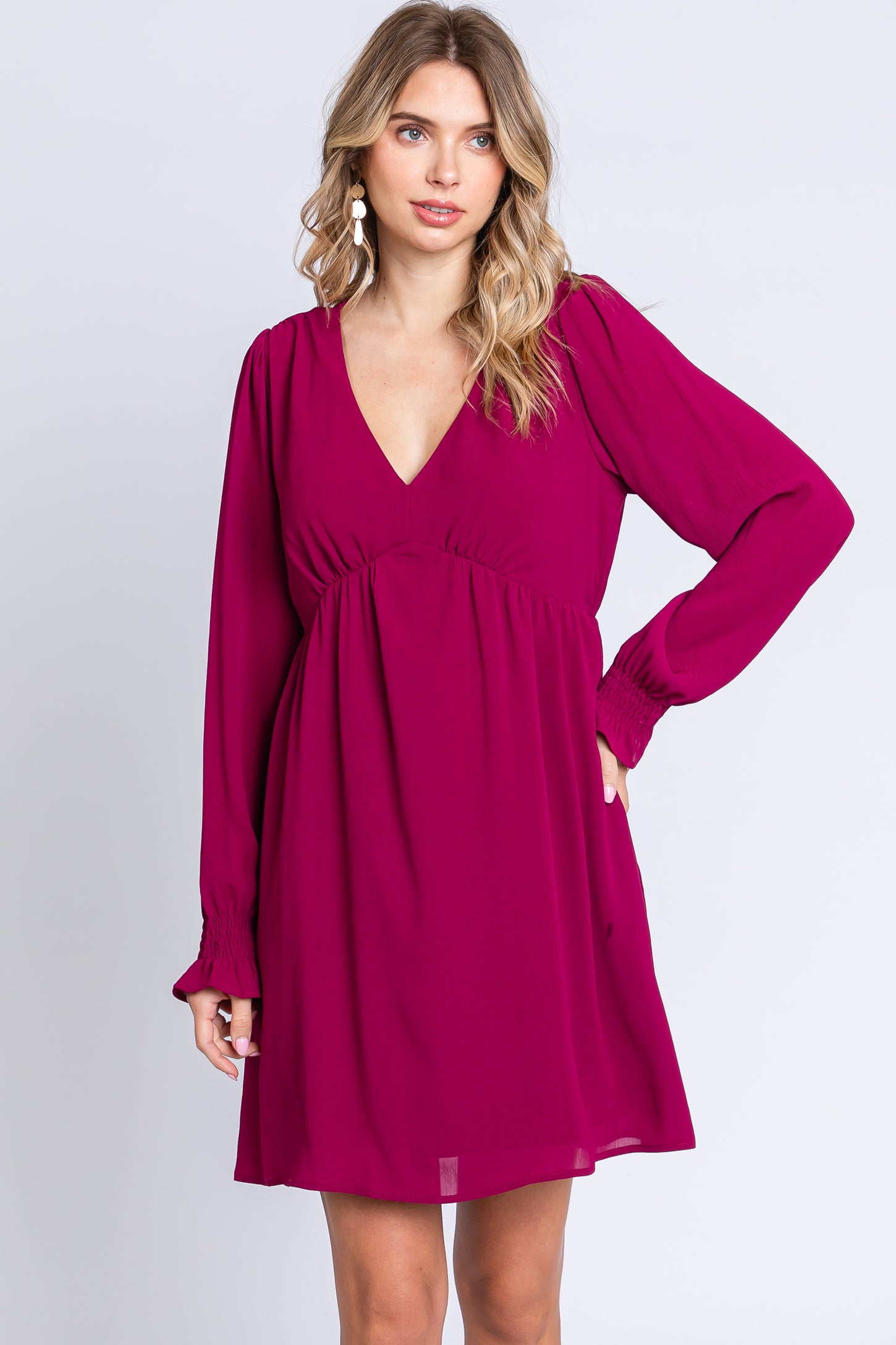 Magenta V-Neck Long Sleeve Dress Magenta V-Neck Long Sleeve Dress