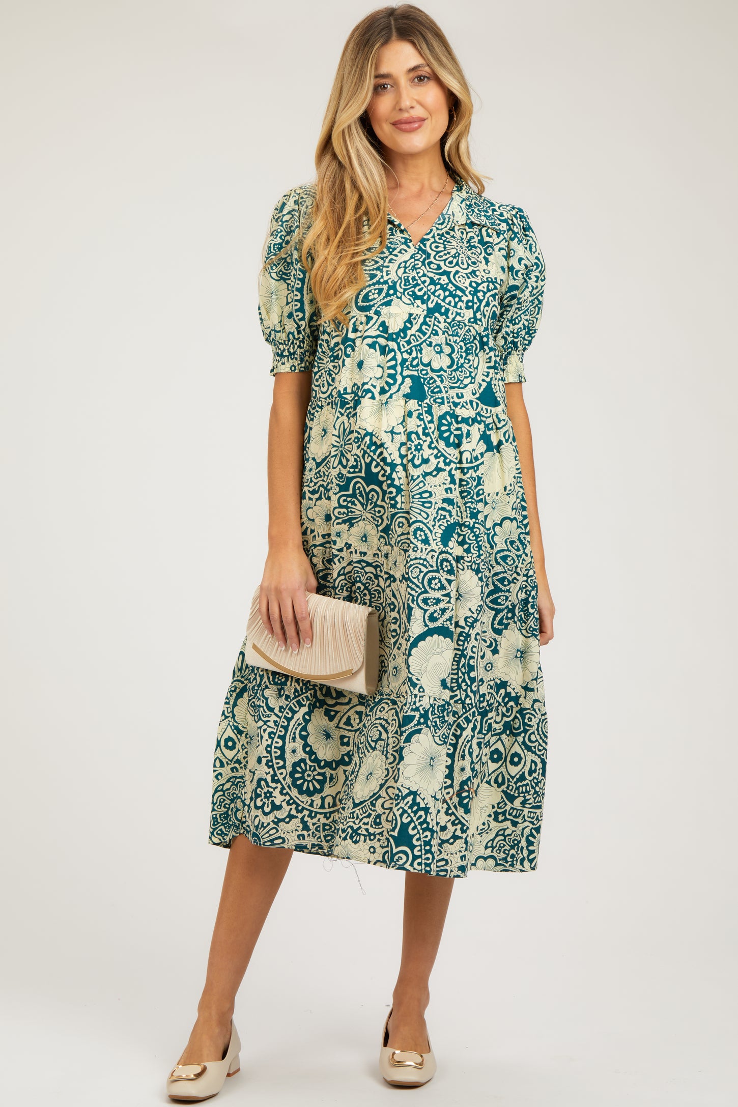 Teal Floral Collared Tiered Maternity Midi Dress– PinkBlush