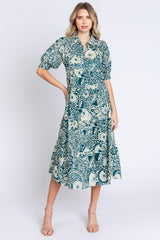 Teal Floral Collared Tiered Maternity Midi Dress