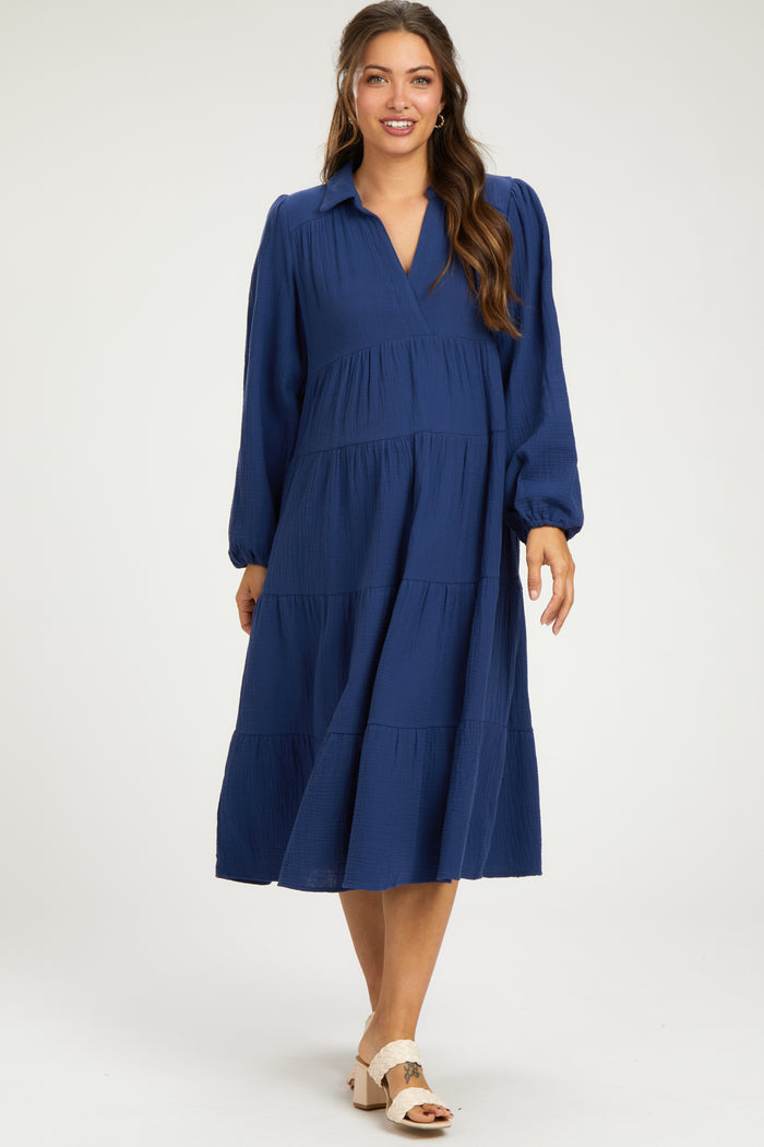 Navy Light Weight Collared Tiered Maternity Midi Dress