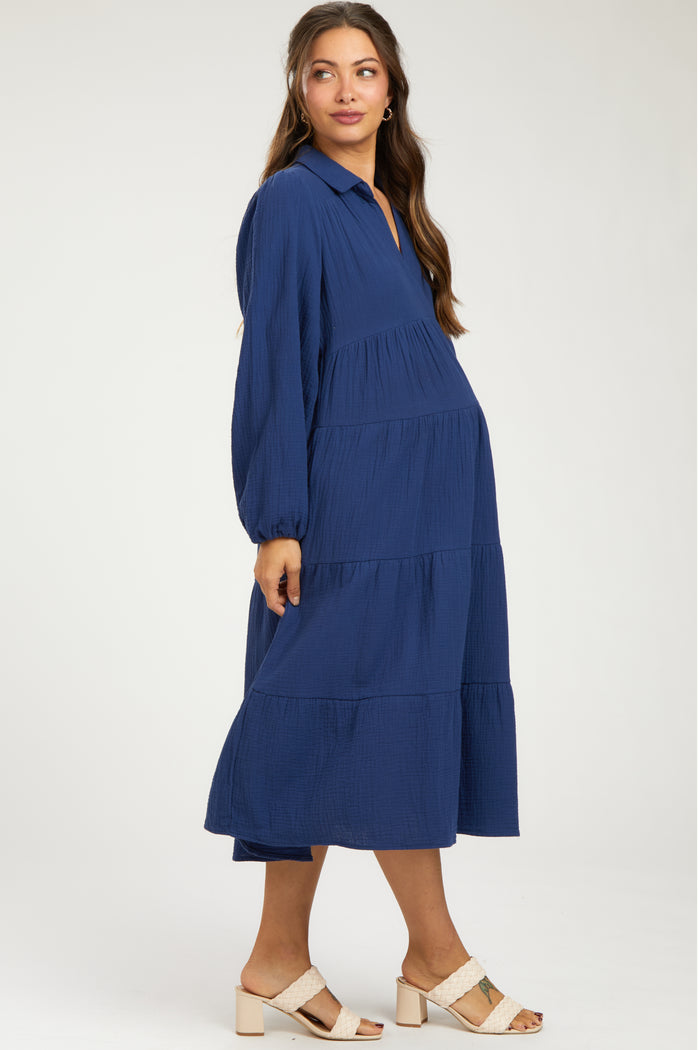 Navy Light Weight Collared Tiered Maternity Midi Dress