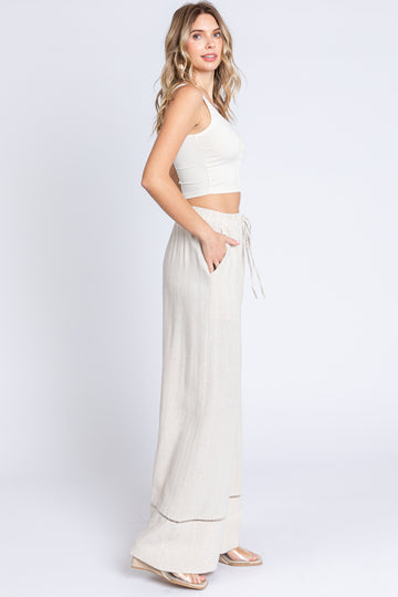 Beige Linen Wide Leg Lace Trim Pants