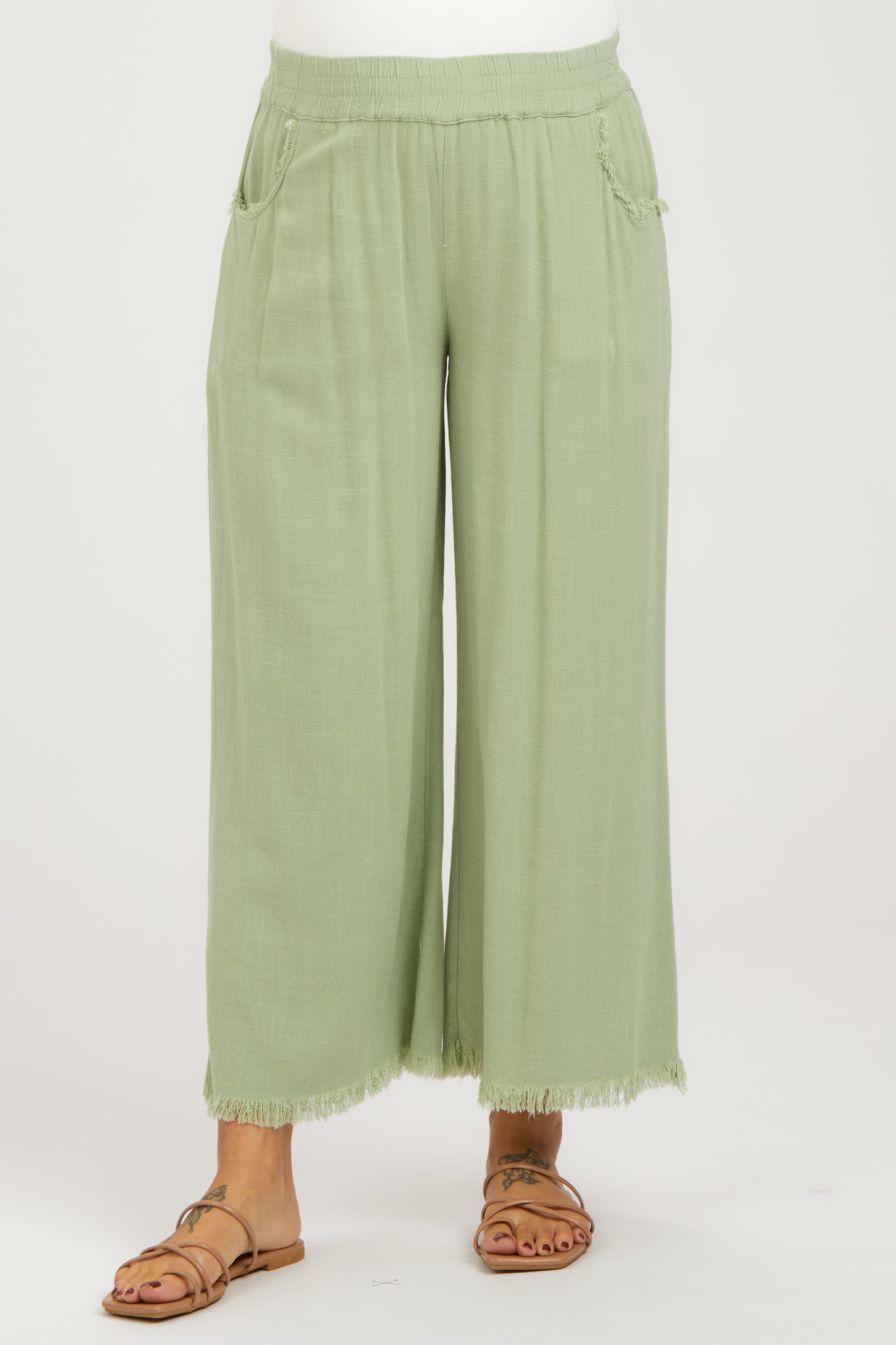 Sage Linen Frayed Hem Crop Maternity Pants