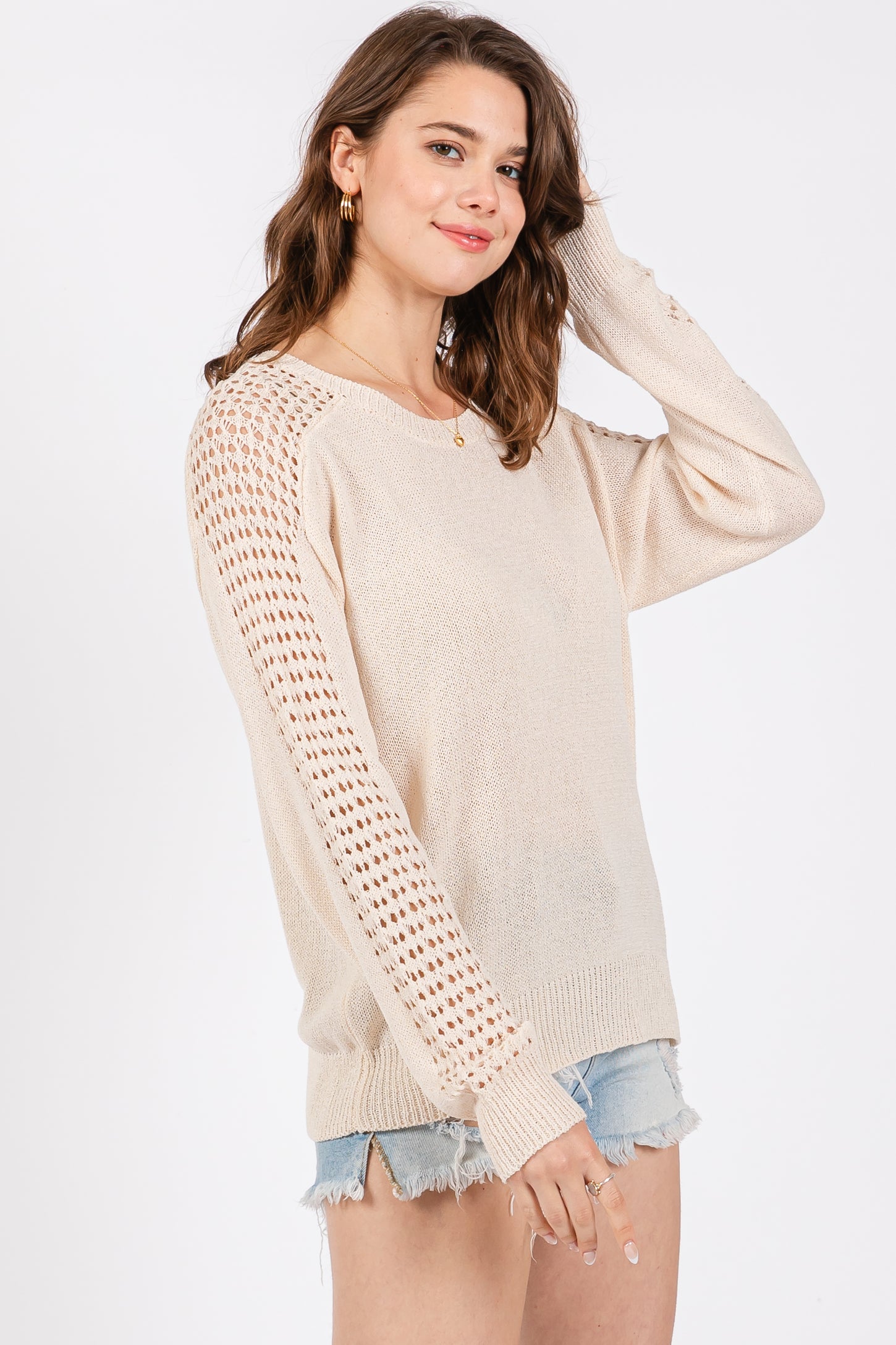 Cream Crochet Detail Sleeve Knit Top