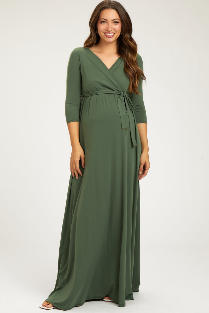 Charming Illusion Neck Lace Top Empire Maxi Maternity Dresses Olive Green