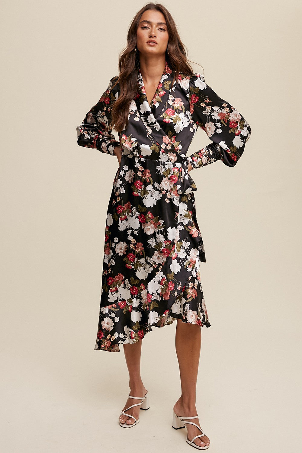 Black Floral Print Long Seeve Satin Wrap Midi Dress Black Floral Print Long Seeve Satin Wrap Midi Dress