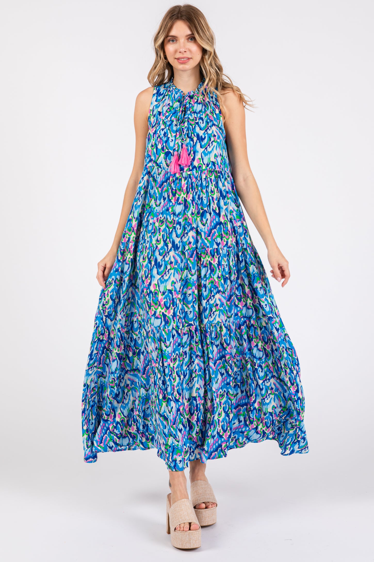 Blue Sleeveless V-Neck Ruffle Neck Tiered Maxi Dress PinkBlush Blue Sleeveless V-Neck Ruffle Neck Tiered Maxi Dress PinkBlush