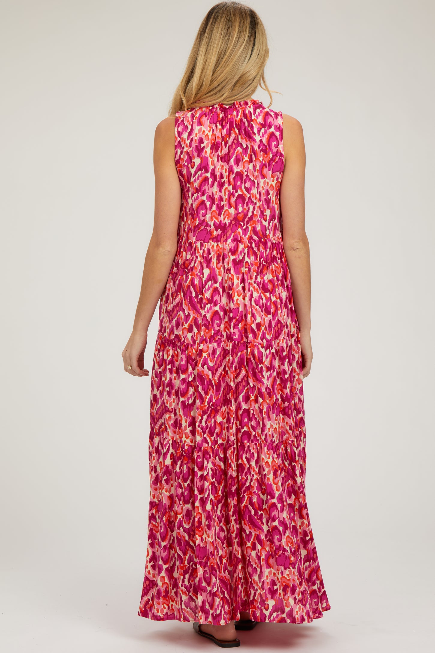 Magenta Sleeveless V-Neck Ruffle Neck Tiered Maternity Maxi Dress