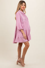 Pink Pleated Front Tie Tiered Maternity Dress