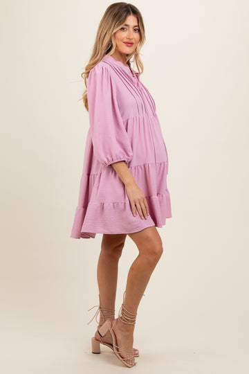 Pink Pleated Front Tie Tiered Maternity Dress