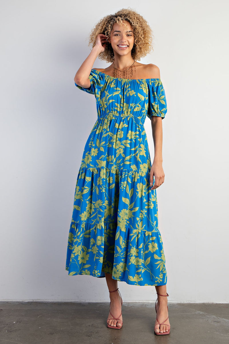 Blue Floral Off Shoulder Puff Sleeve Midi Dress – PinkBlush
