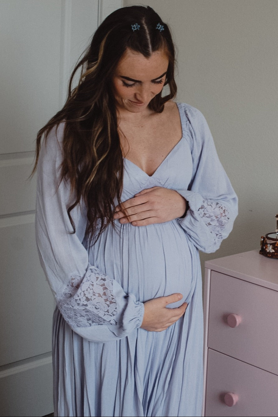 Lavender Lace Accent Long Sleeve Maternity Maxi Dress