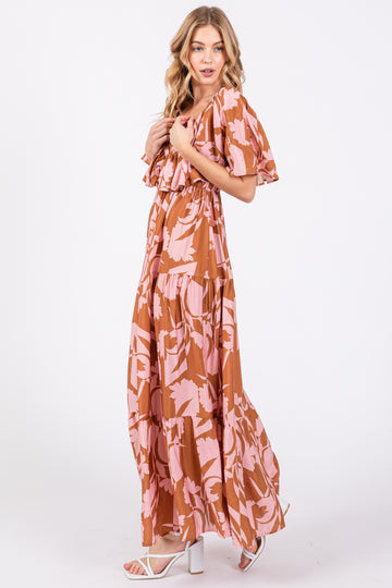 Pink Floral Deep V-Neck Ruffle Midi Dress