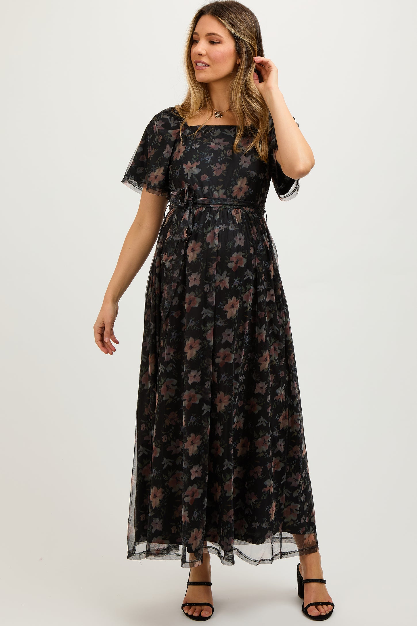 PinkBlush Black Floral Waist Tie Maternity Midi Dress Large