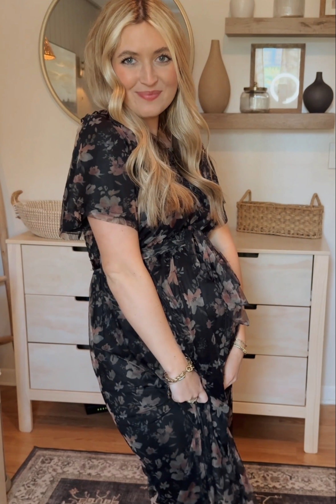 PinkBlush Black Floral Waist Tie Maternity Midi Dress Large