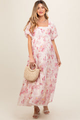 Red Puff Sleeve Square Neck Maternity Dress