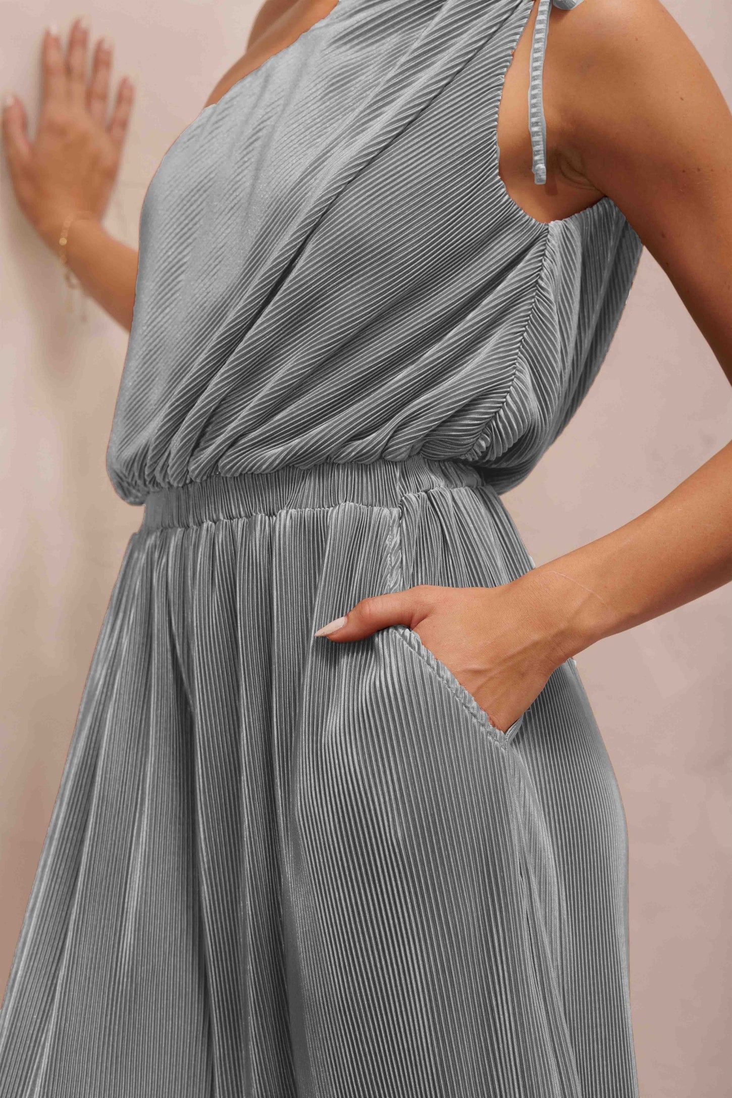 Stone Blue Asymmetric Pleated Jumpsuit