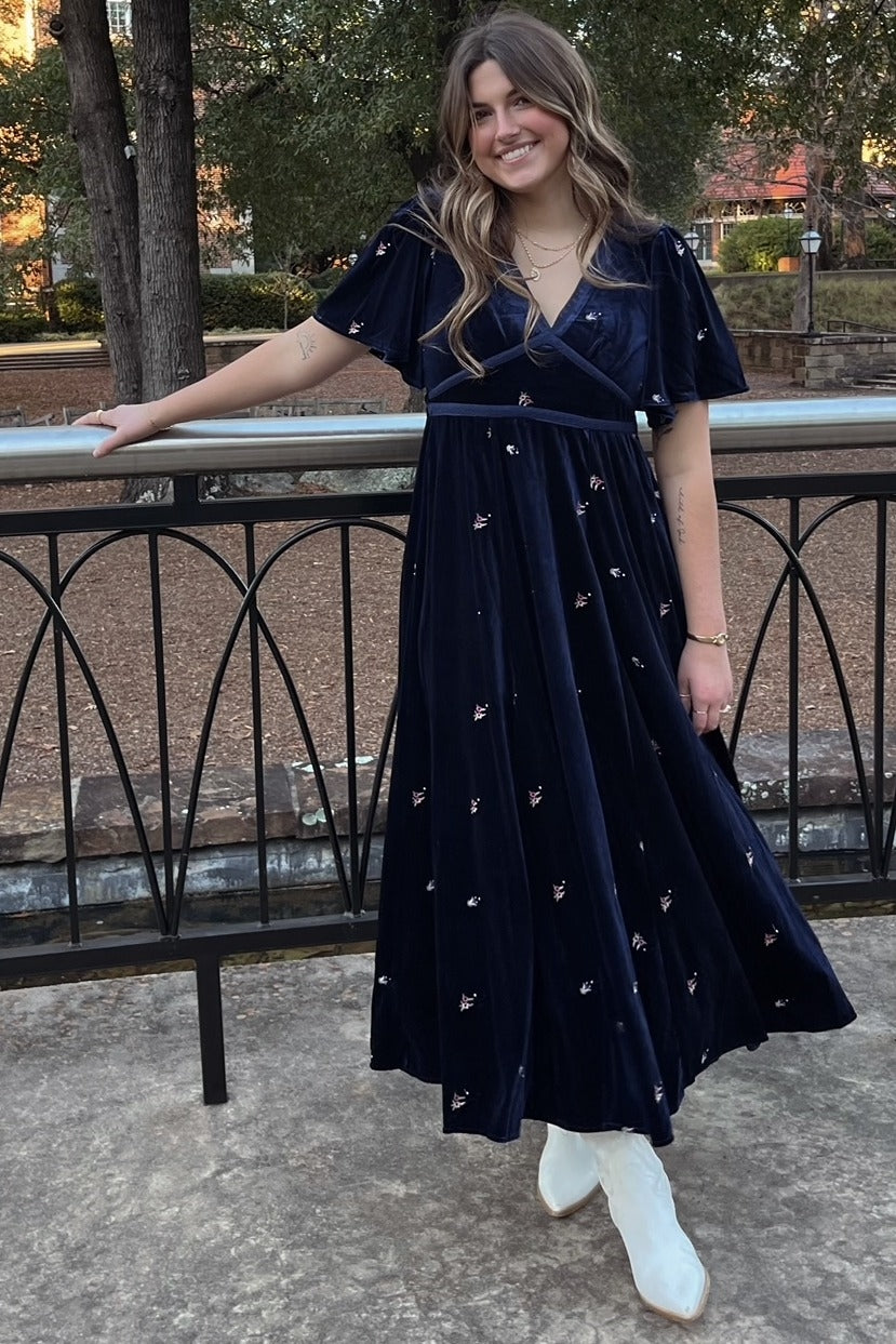 Midnight All Over Floral Embroidered Velvet Maxi Dress Midnight All Over Floral Embroidered Velvet Maxi Dress