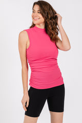 Fuchsia Ribbed Mock Neck Ruched Side Sleeveless Top