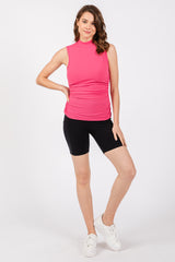 Fuchsia Ribbed Mock Neck Ruched Side Sleeveless Top