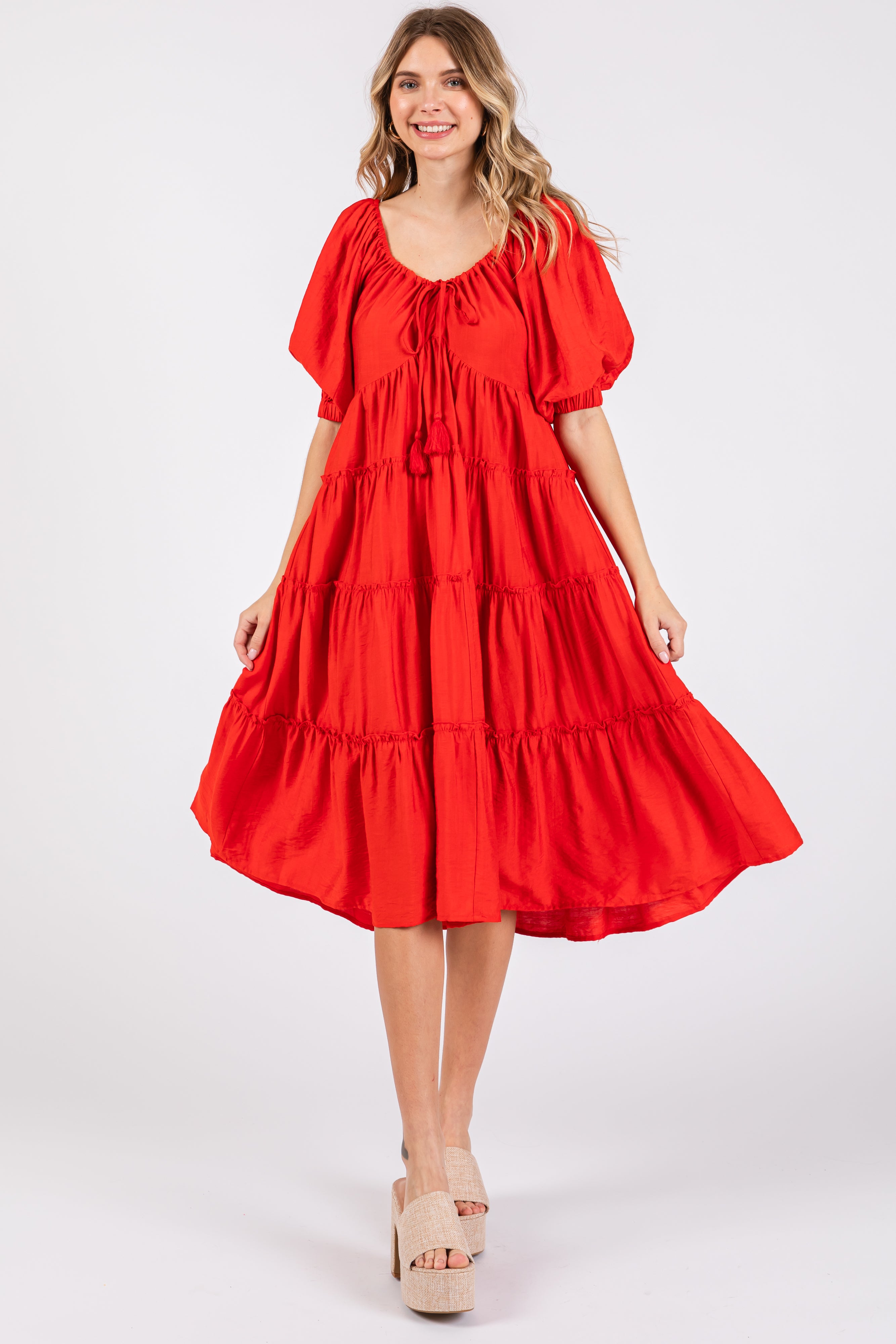 knee length dresses for ladies Tie Belt Tiered Midi Dress – Alycia Mikay Fashion main image 0