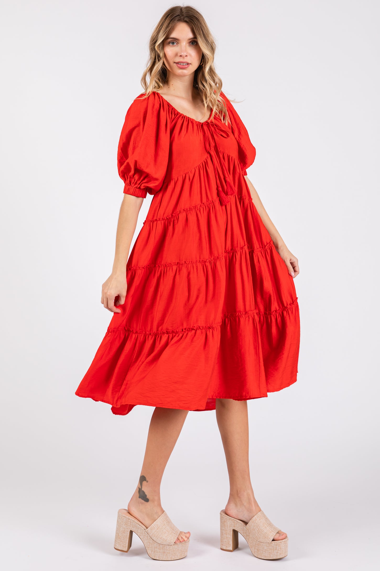 red tiered midi dress Women's Bright red Tiered Fine-Knit Dress