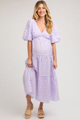 Lavender Gingham Puff Sleeve Maternity Tiered Midi Dress