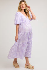 Lavender Gingham Puff Sleeve Maternity Tiered Midi Dress