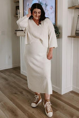 Cream V-Neck Knit Maternity Skirt Set