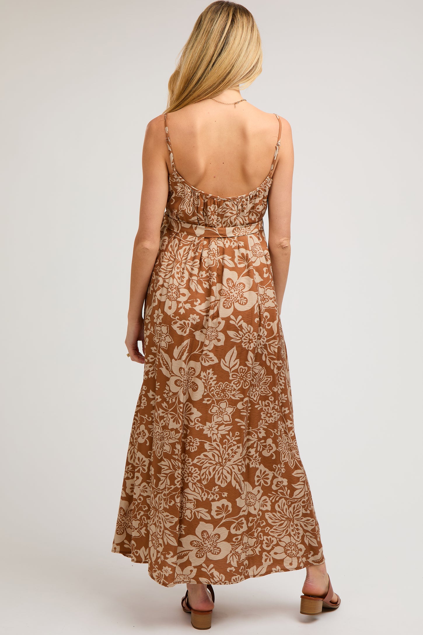 Camel Sleeveless Tie Waist Maternity Midi Dress