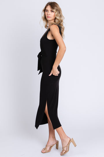 Black Rib Knit Side Tie Midi Dress