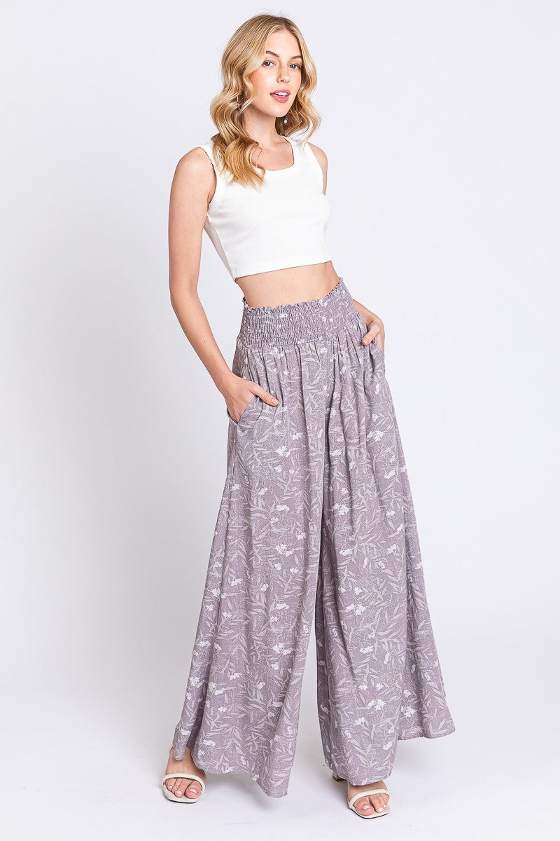Lavender Floral Smocked Wide Leg Pants