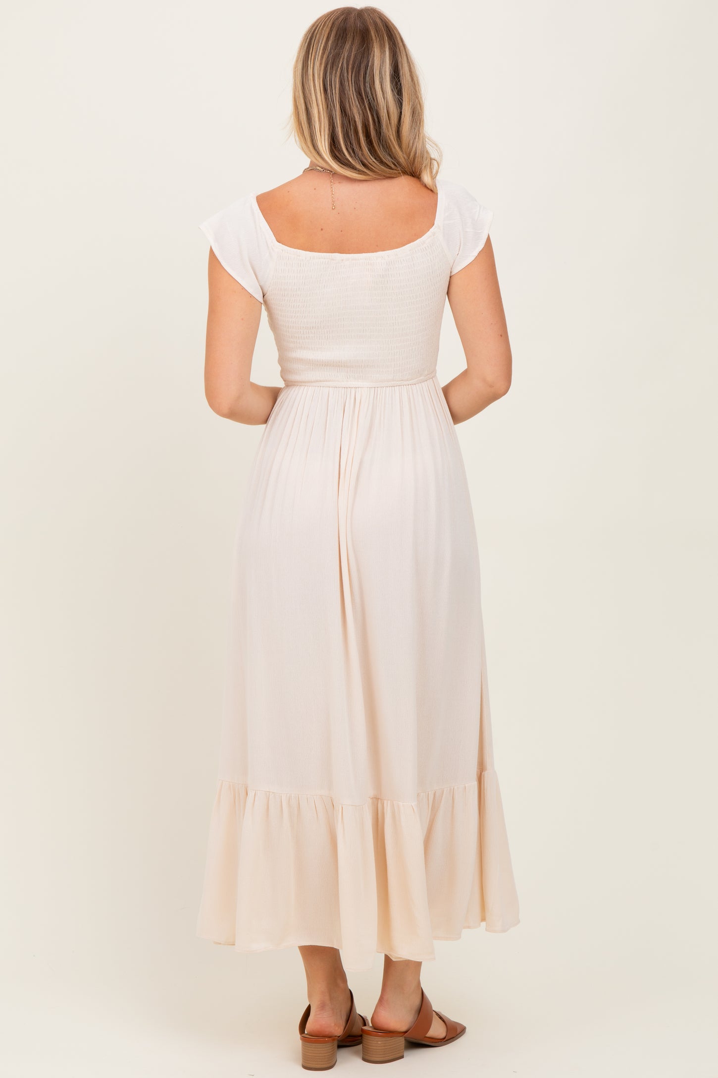Beige Smocked Ruched Ruffle Hem Maxi Dress