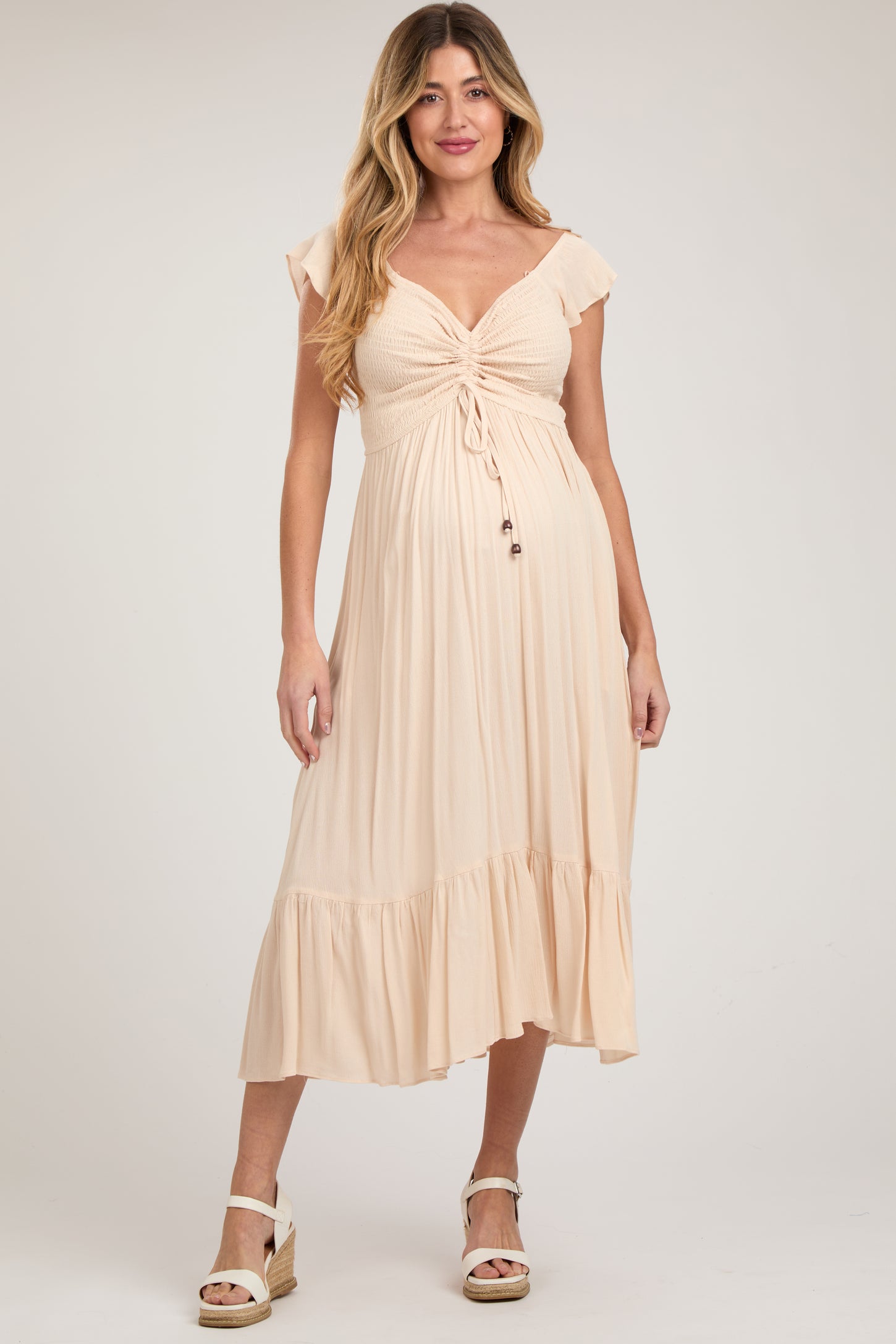 Beige Smocked Ruched Ruffle Hem Maternity Maxi Dress Beige Smocked Ruched Ruffle Hem Maternity Maxi Dress