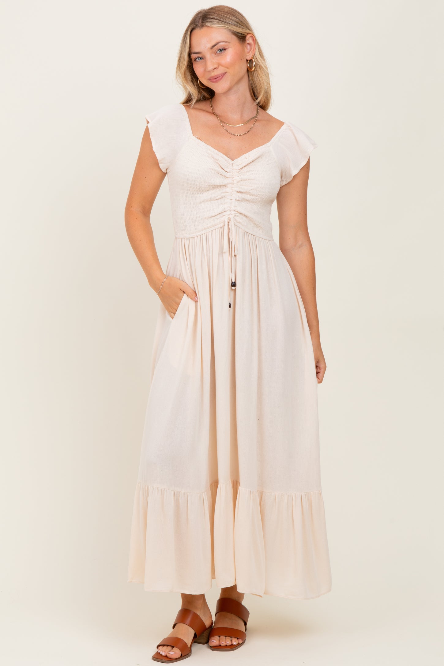Beige Smocked Ruched Ruffle Hem Maternity Maxi Dress Beige Smocked Ruched Ruffle Hem Maternity Maxi Dress