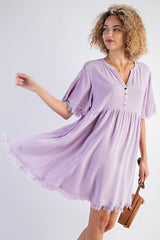 Lavender Button Front Frayed Dress