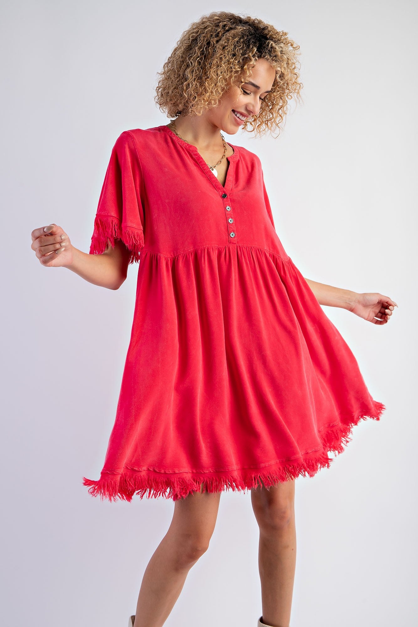 Red Button Front Frayed Maternity Dress
