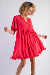 Red Button Front Frayed Maternity Dress