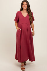 Red Gauze Short Sleeve Maternity Midi Dress