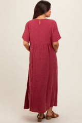 Red Gauze Short Sleeve Maternity Midi Dress