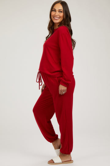 Red Soft Knit Brushed Long Sleeve Maternity Lounge Set