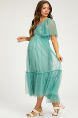 Light Olive Dotted Tulle Smocked Maternity Midi Dress