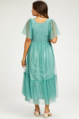 Light Olive Dotted Tulle Smocked Maternity Midi Dress