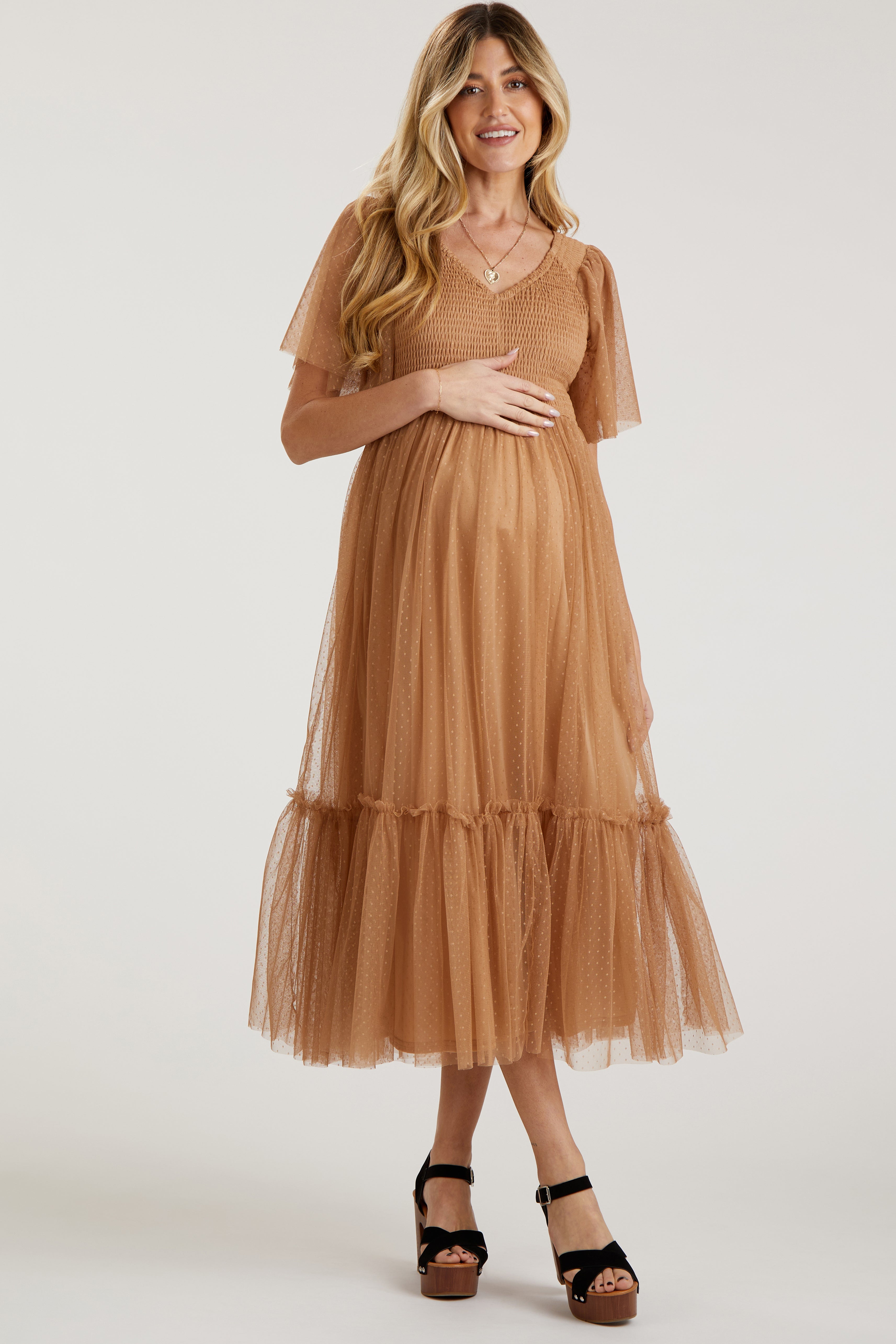brown tulle maternity dress PinkBlush Camel Dotted Smocked Midi Small maternity photoshoot or gender inventory-VF25O Carrie Black Cowl Neck Color:Lemon-Yellow
