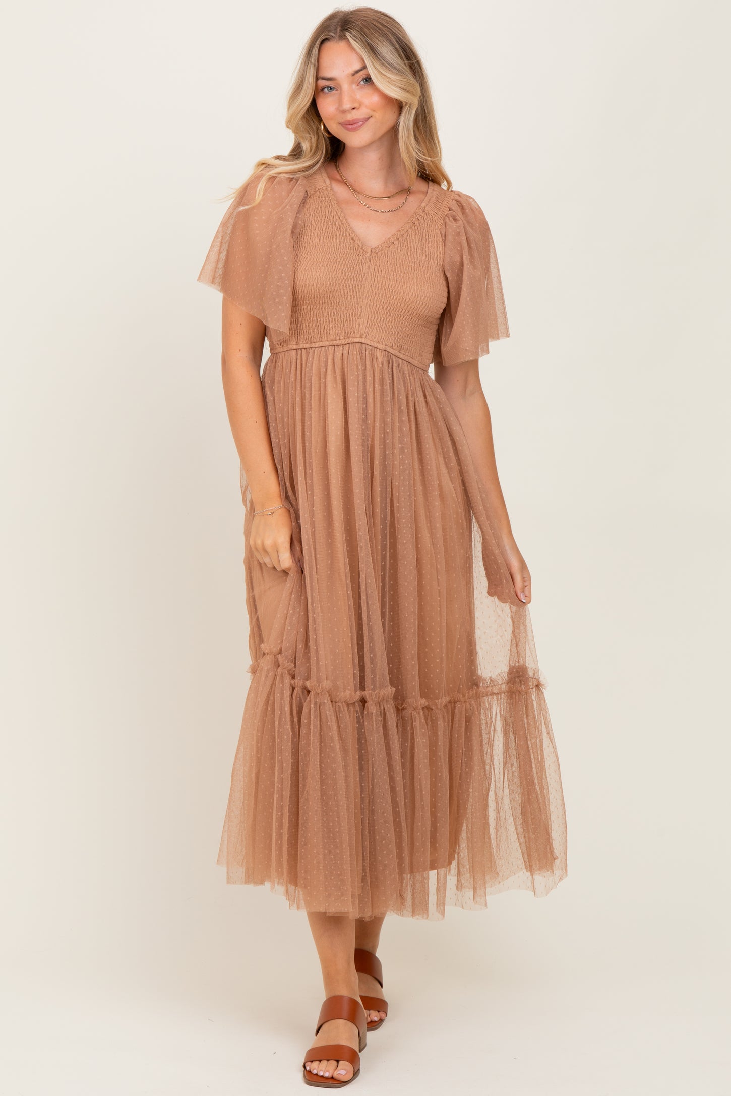 Camel Dotted Tulle Smocked Midi Dress Camel Dotted Tulle Smocked Midi Dress